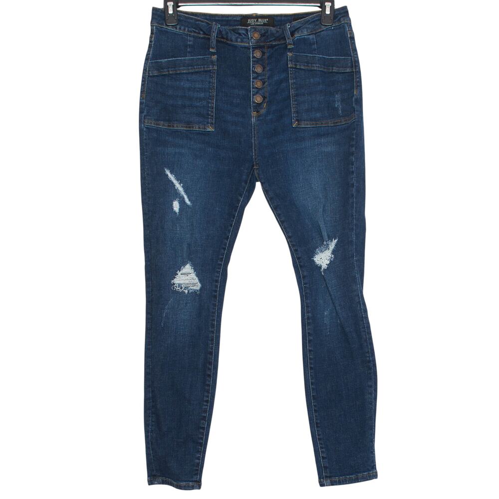 Judy Blue Jeans Manchester Skinny High Rise Button Fly Distressed Y2K Blue 15/32
